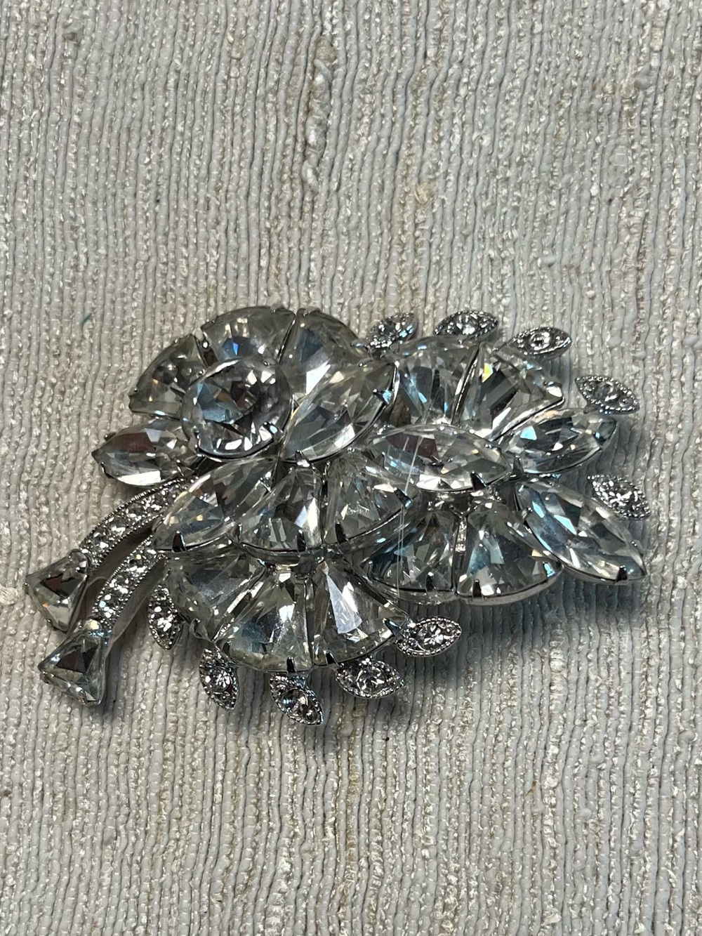 Vintage Eisenberg Ice Clear Rhinestone Floral Spray Brooch Pin Silver Tone